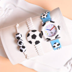 3pc Set 3D Cartoon Football Silicone Strap Boys' Quartz Watch