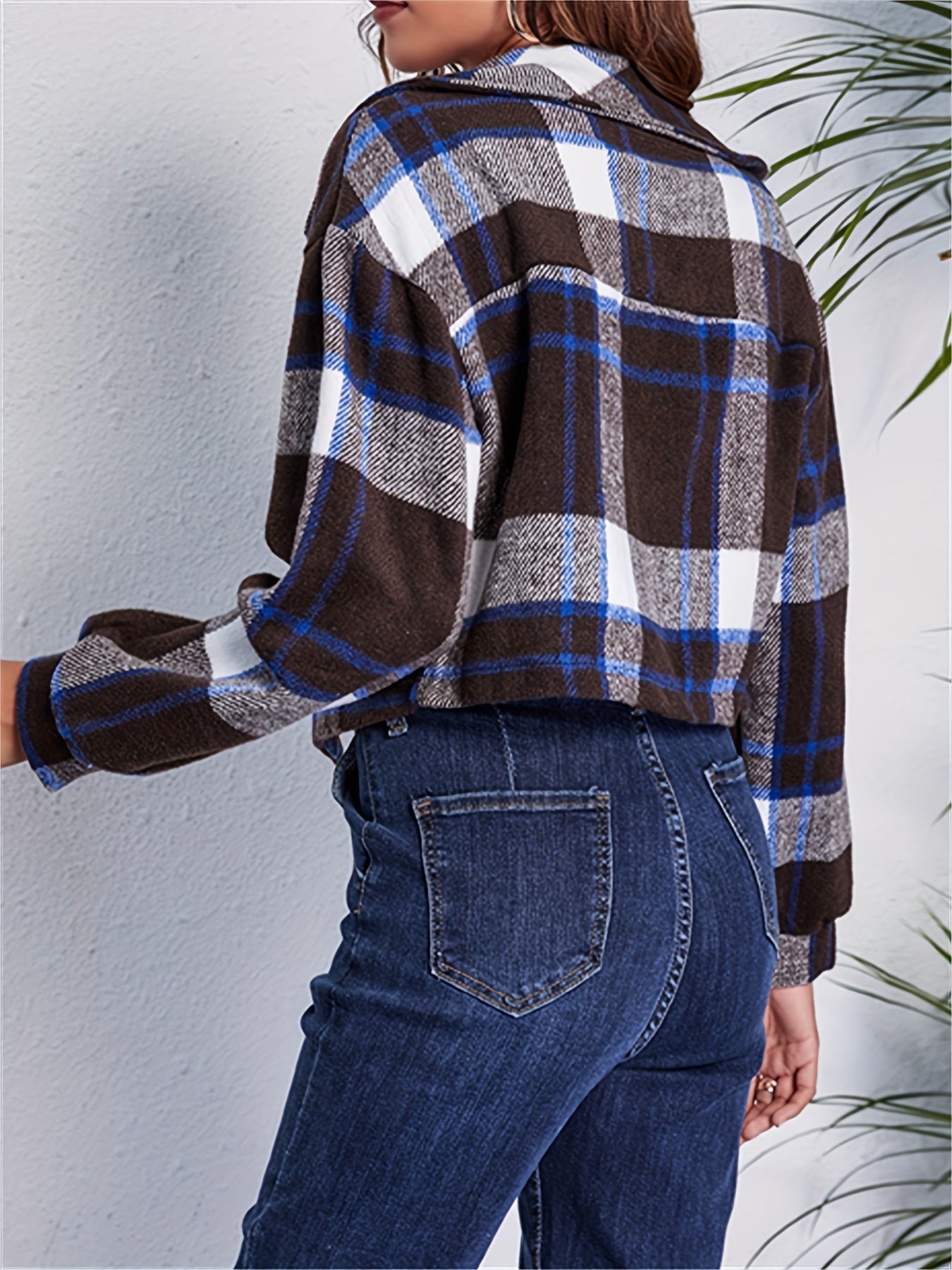 Plaid Crop Jacket Long Sleeve Casual Winter Clothing