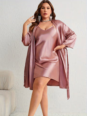 Sexy Satin Kimono Robe & V Neck Cami Dress Pajamas Set