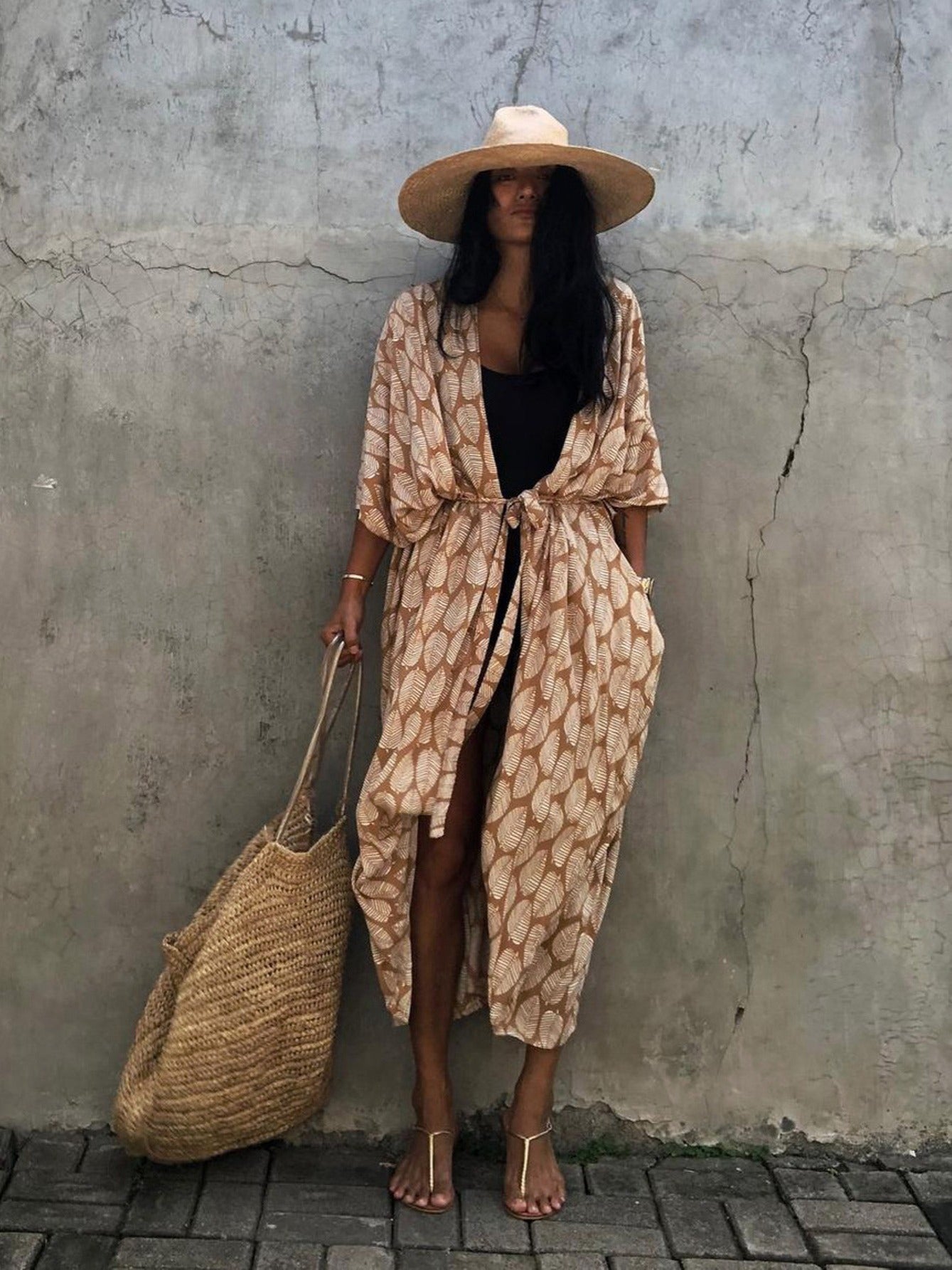 Women's Leaf Printed Beach Swimsuit Cape Cover Up Kimono Cardigan Wrap Dress