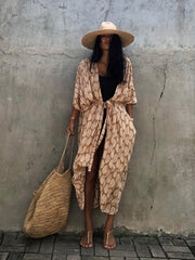 Women's Leaf Printed Beach Swimsuit Cape Cover Up Kimono Cardigan Wrap Dress
