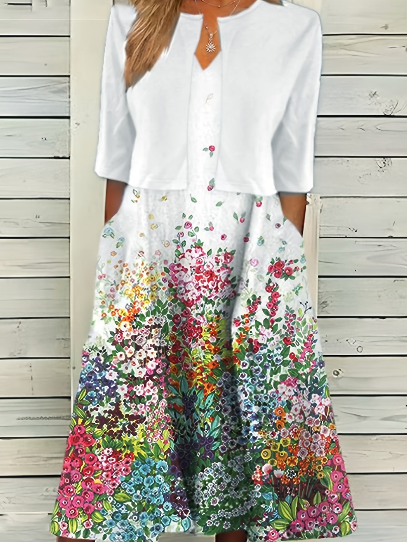 Two Piece Dress Set Solid Half Sleeve Crop Top & Floral Print Dress