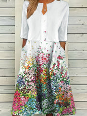 Two Piece Dress Set Solid Half Sleeve Crop Top & Floral Print Dress