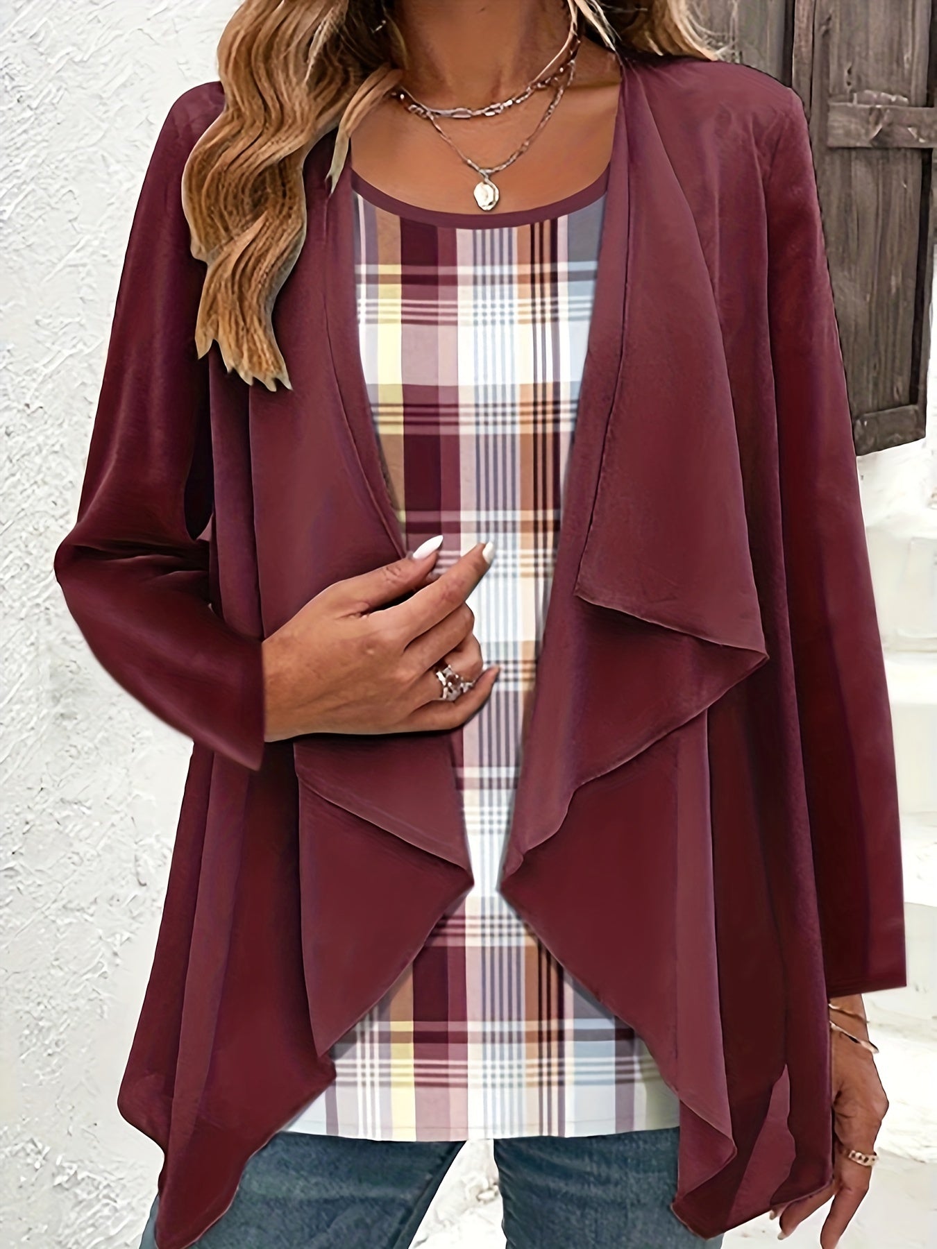 Plaid Print Cami Top & Cardigan Set for Women