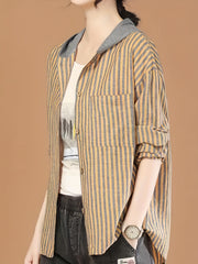 Striped Button Front Hooded Jacket Spring & Fall Women's Clothing