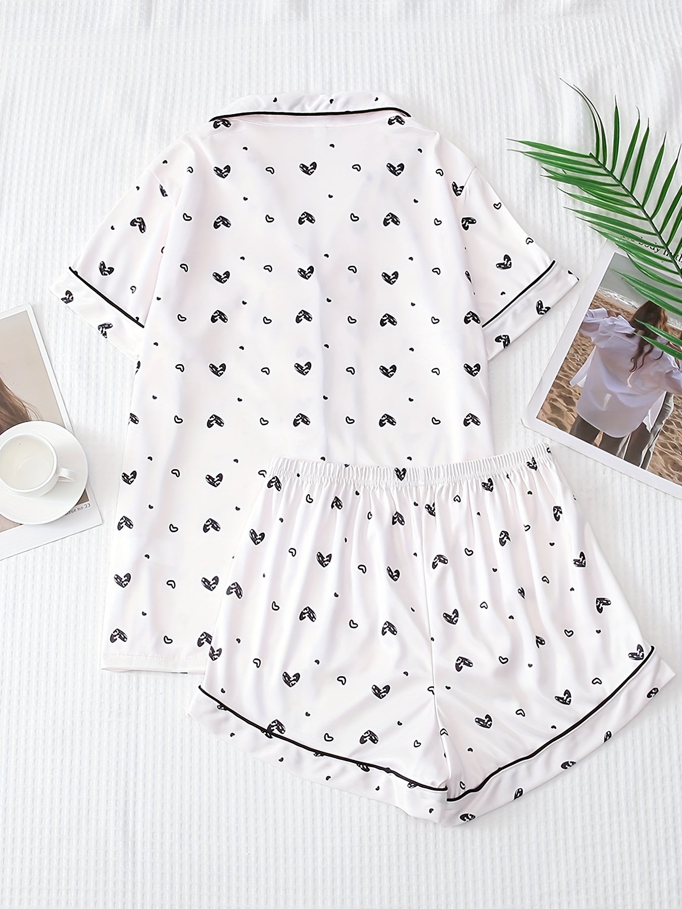 Heart Print Pajama Set Short Sleeve Buttons Top & Elastic Waistband Shorts
