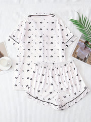 Heart Print Pajama Set Short Sleeve Buttons Top & Elastic Waistband Shorts