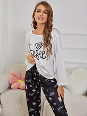 Graphic & Letter Print Pajama Set Long Sleeve Top & Pants