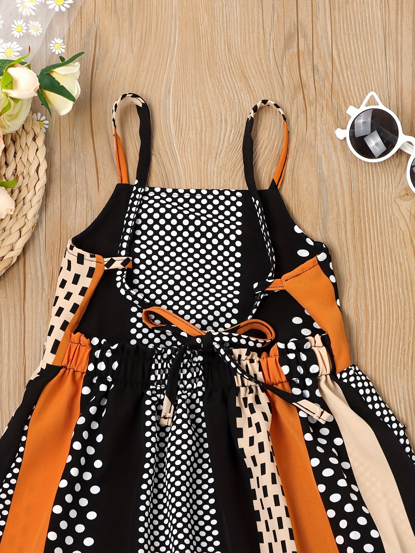 Girls Summer Cami Dress Block Striped Polka Dot Backless Strappy