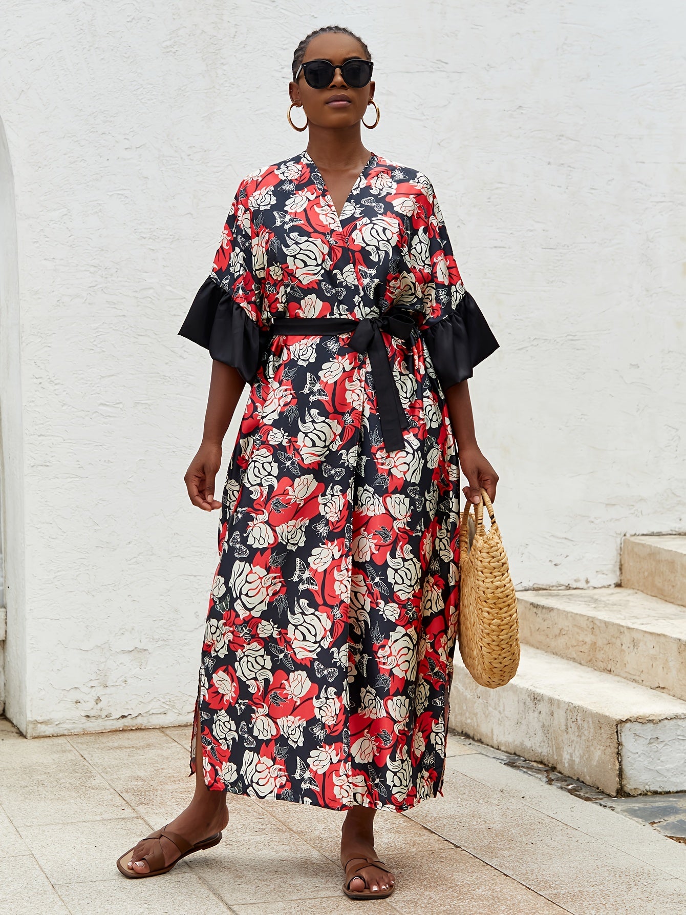 Boho Kimono Women's Plus Floral Print Ruffle Trim Open Front Kimono