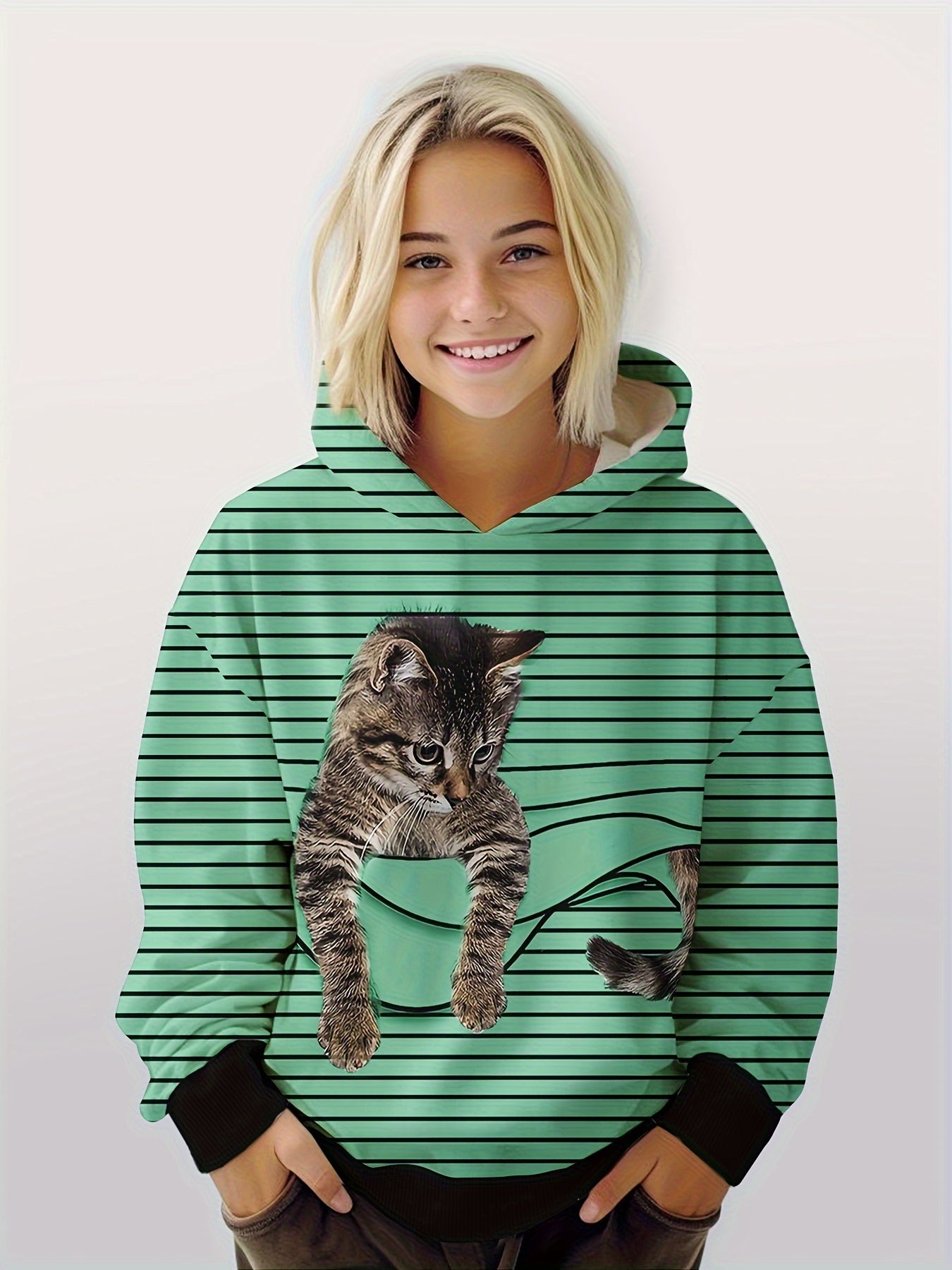Girls Boys Cat Graphic Long Sleeve Hoodies Pullover Spring Fall