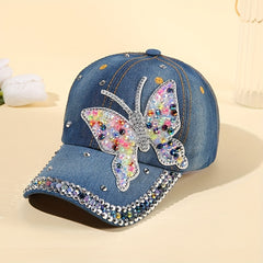 Rhinestone Butterfly Patch Baseball Cap Denim Distressed Dad Hat