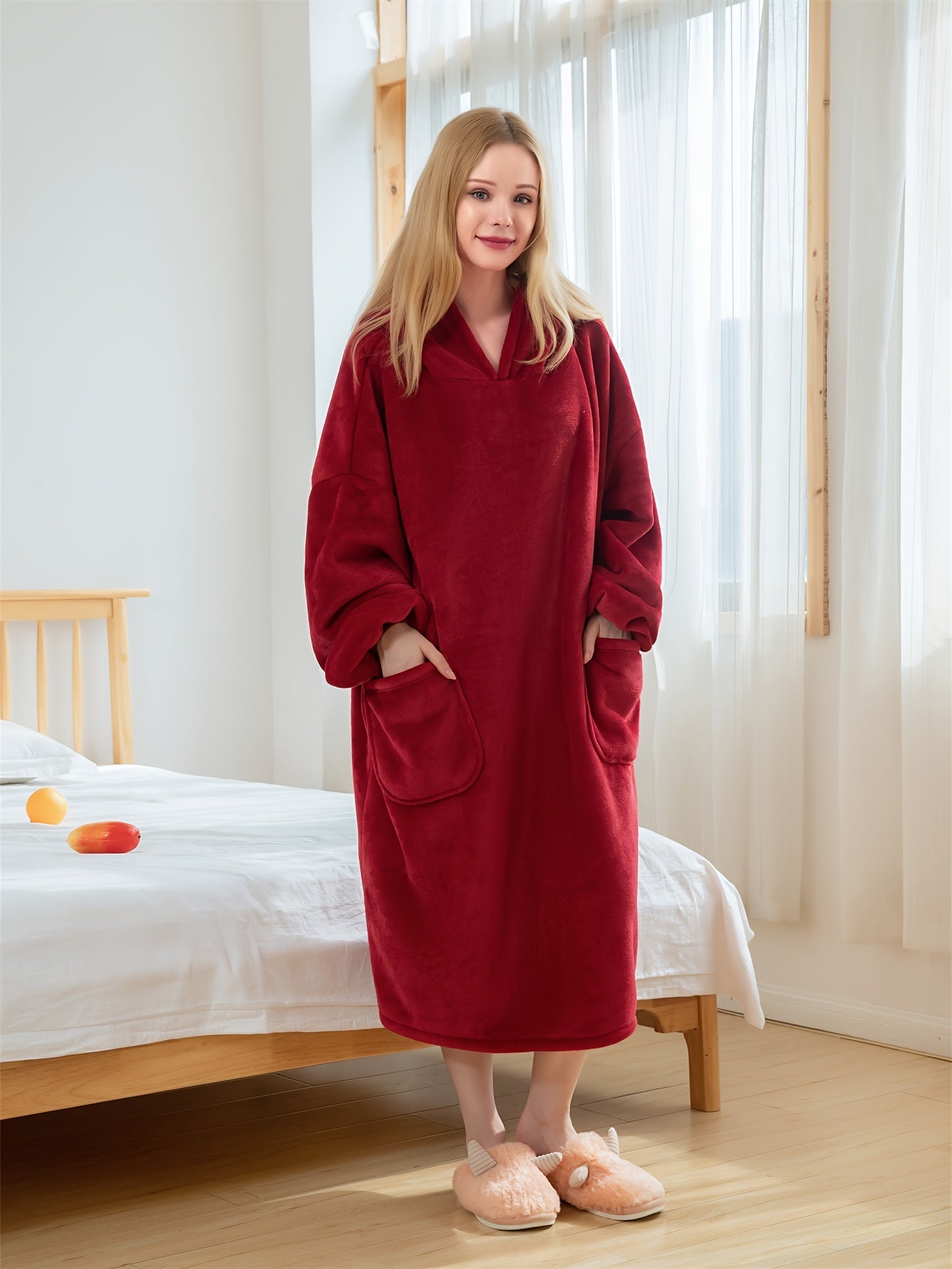 Cozy Fuzzy Hooded Night Robe with Pockets