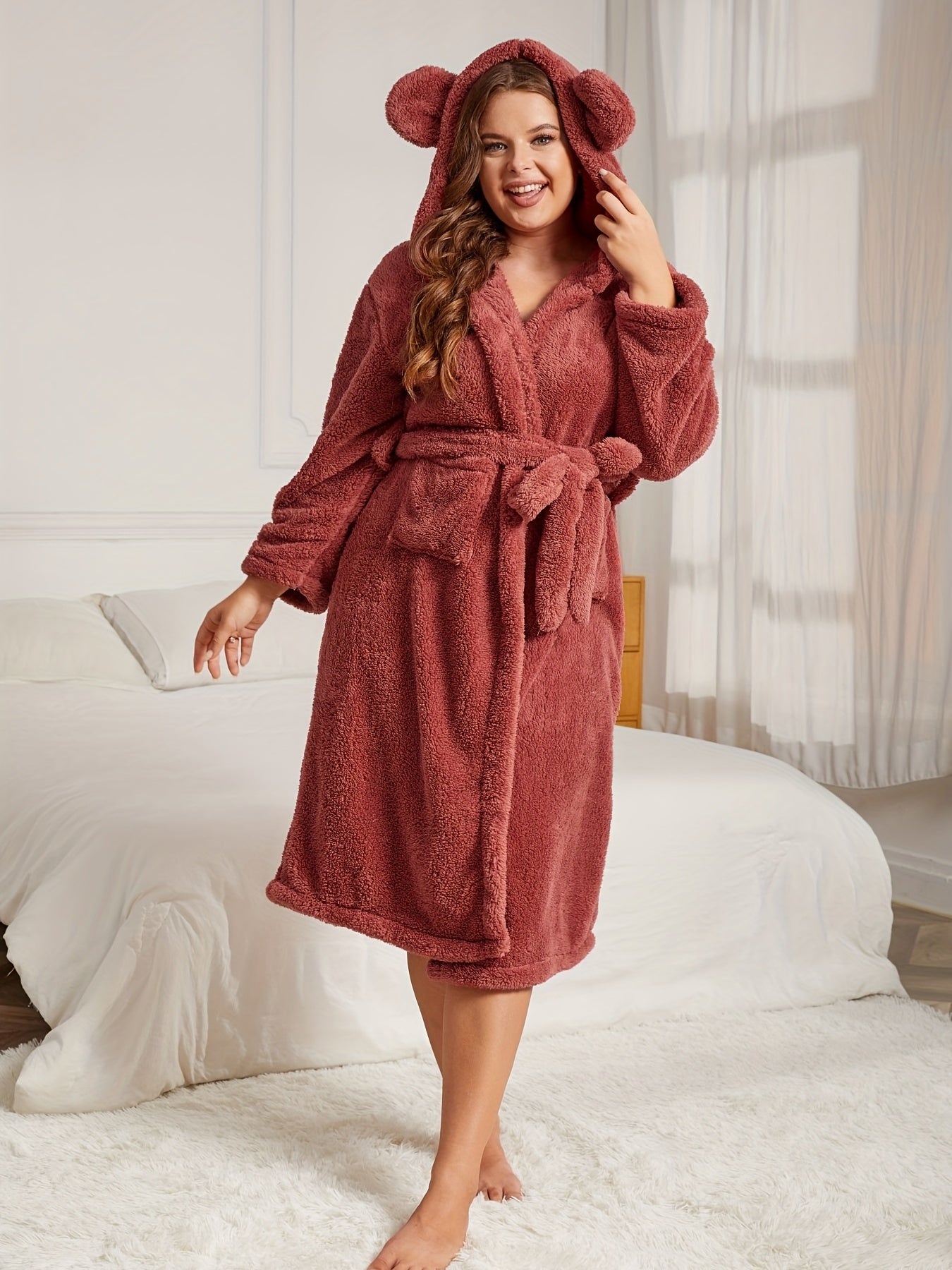 Fleece Long Sleeve Hooded Bathrobe with Belt