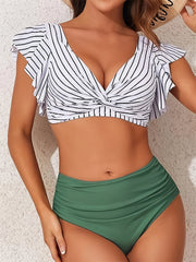 Vacay Bikini Set Women's Plus Striped Twist Front Ruffle Trim Crop Top