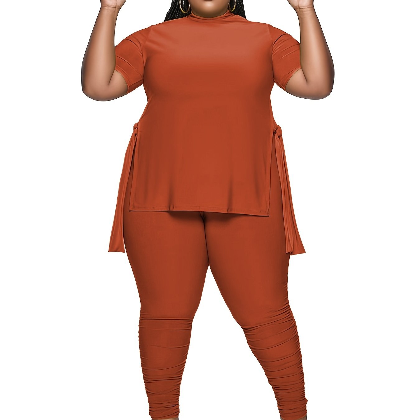 Solid Slit High Neck Short Sleeve Tops & Pants Set