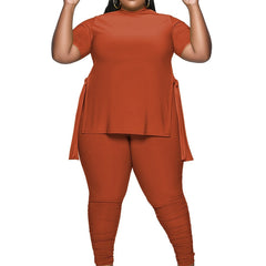 Solid Slit High Neck Short Sleeve Tops & Pants Set