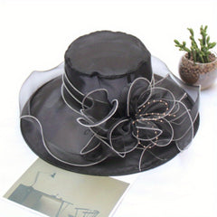 Wide Brim Organza Sun Hat Mesh Breathable Derby Church Hat Flower Decor