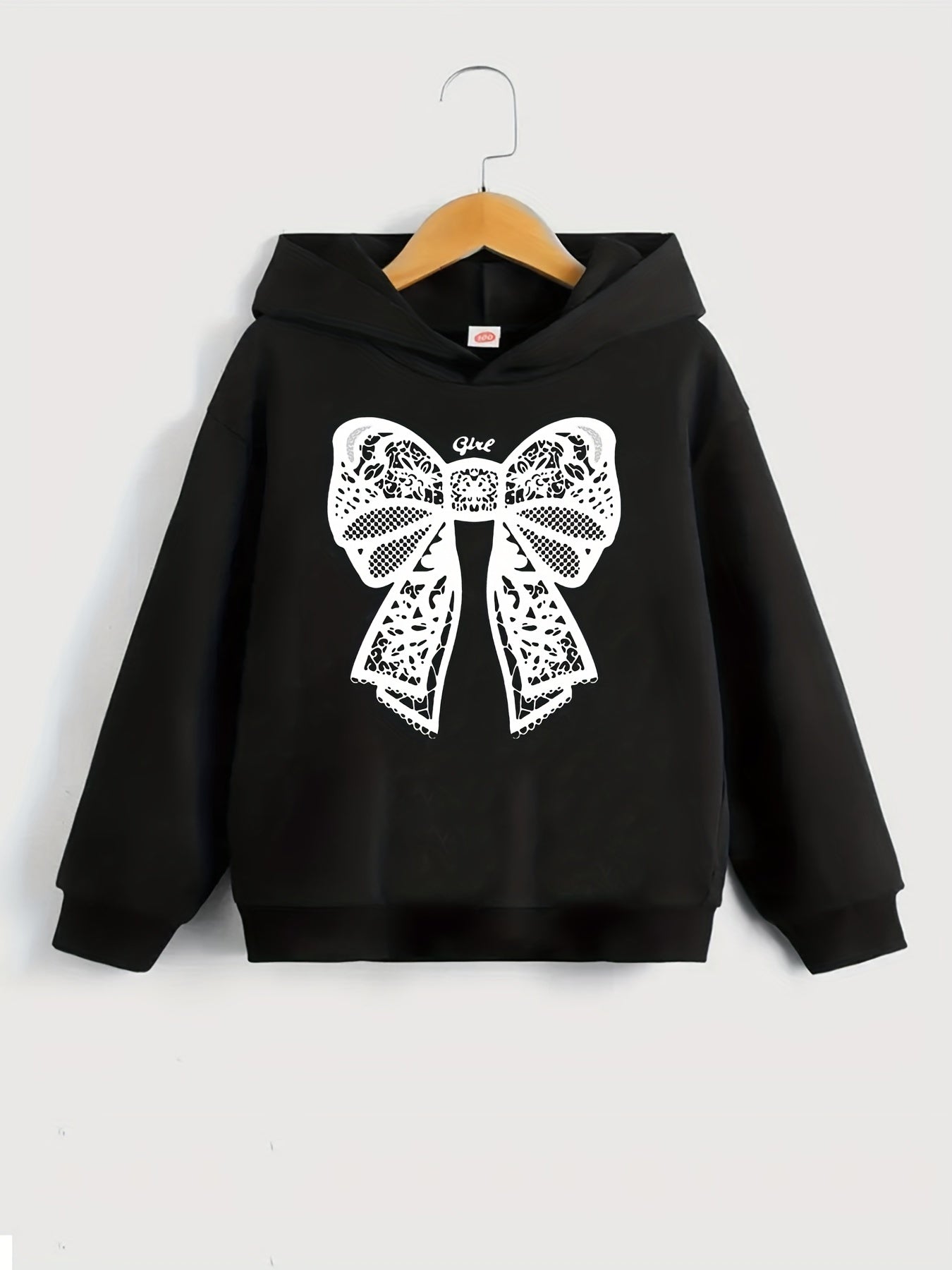 Girls Bow Print Hooded Sweatshirt Top Long Sleeve Pullovers Spring Autumn
