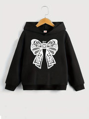 Girls Bow Print Hooded Sweatshirt Top Long Sleeve Pullovers Spring Autumn