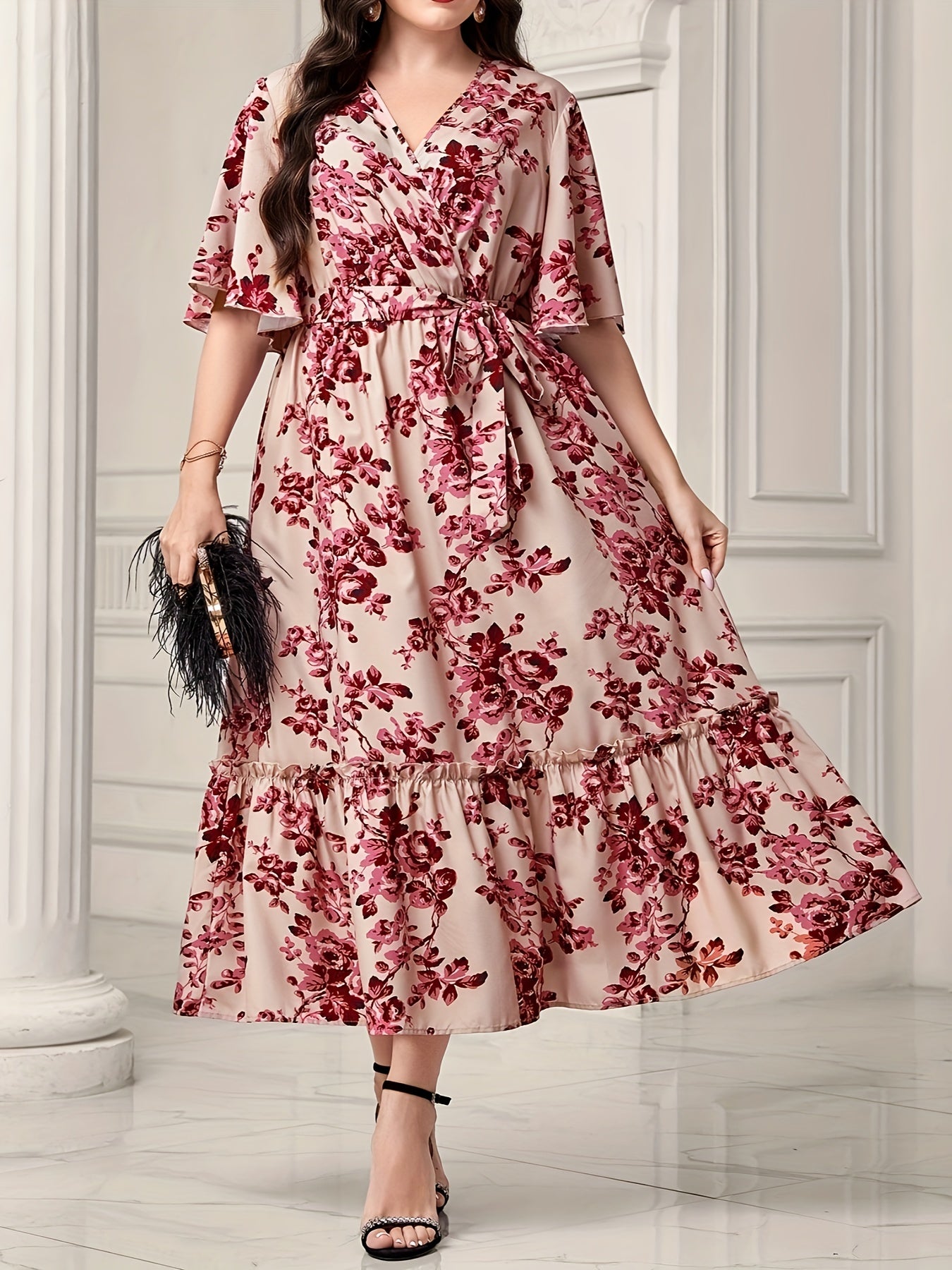 Women's Plus Floral Print Flutter Sleeve Maxi Smock Dress with Belt