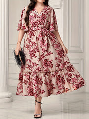 Women's Plus Floral Print Flutter Sleeve Maxi Smock Dress with Belt