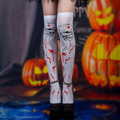 Skull Print Thigh High Socks Lace Over The Knee Stockings