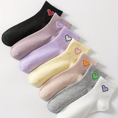 7 Pairs Heart Print Socks Comfy & Breathable Short Socks Women's Stockings