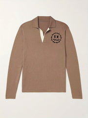 Smile Face Knit Polo Shirt Men's Casual Lapel V Neck Pull