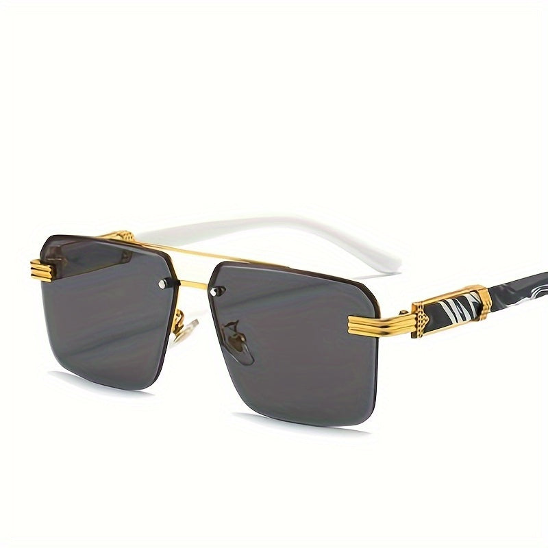 Men's Half Frame Square Sunglasses Wood Grain UV Protection
