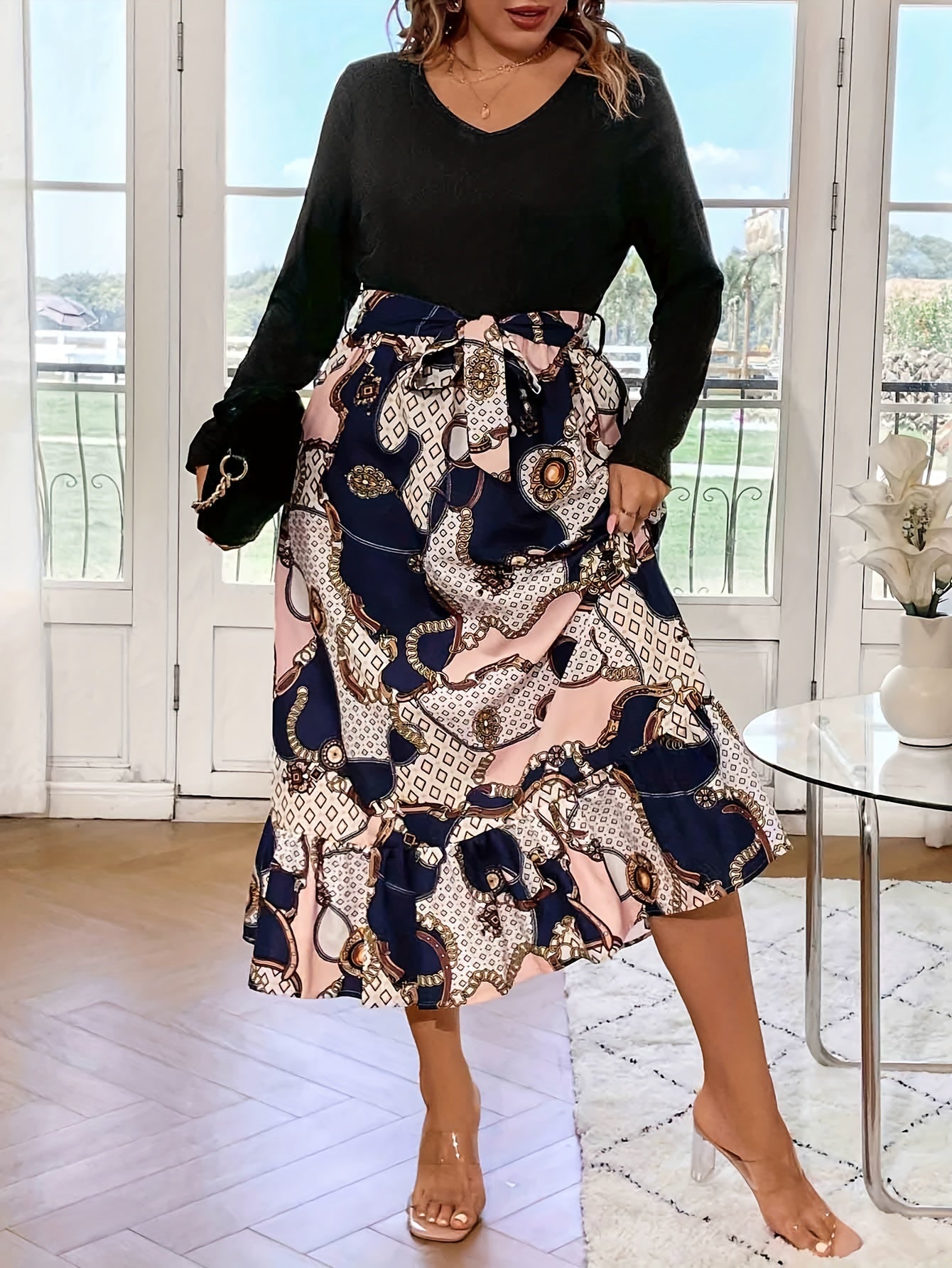 Colorblock Geometri & Chain Print Long Sleeve V Neck Dress