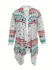 Christmas Casual Cardigan Women's Plus Reindeer & Geo Striped Long Sle