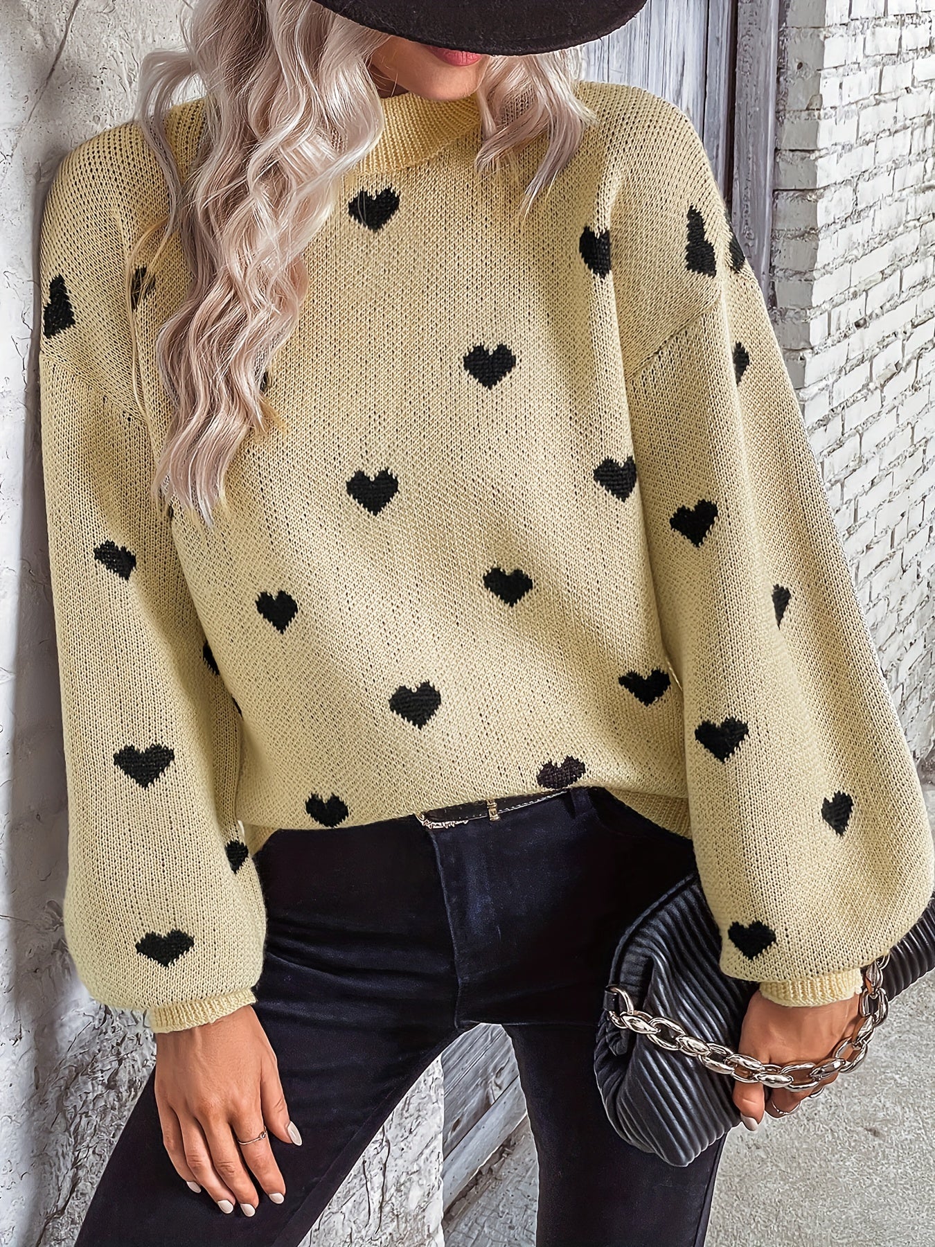 Heart Print Round Neck Sweater