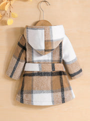 Baby Girls Plaid Belted Fleece Warm Coat Hooded Jacket
