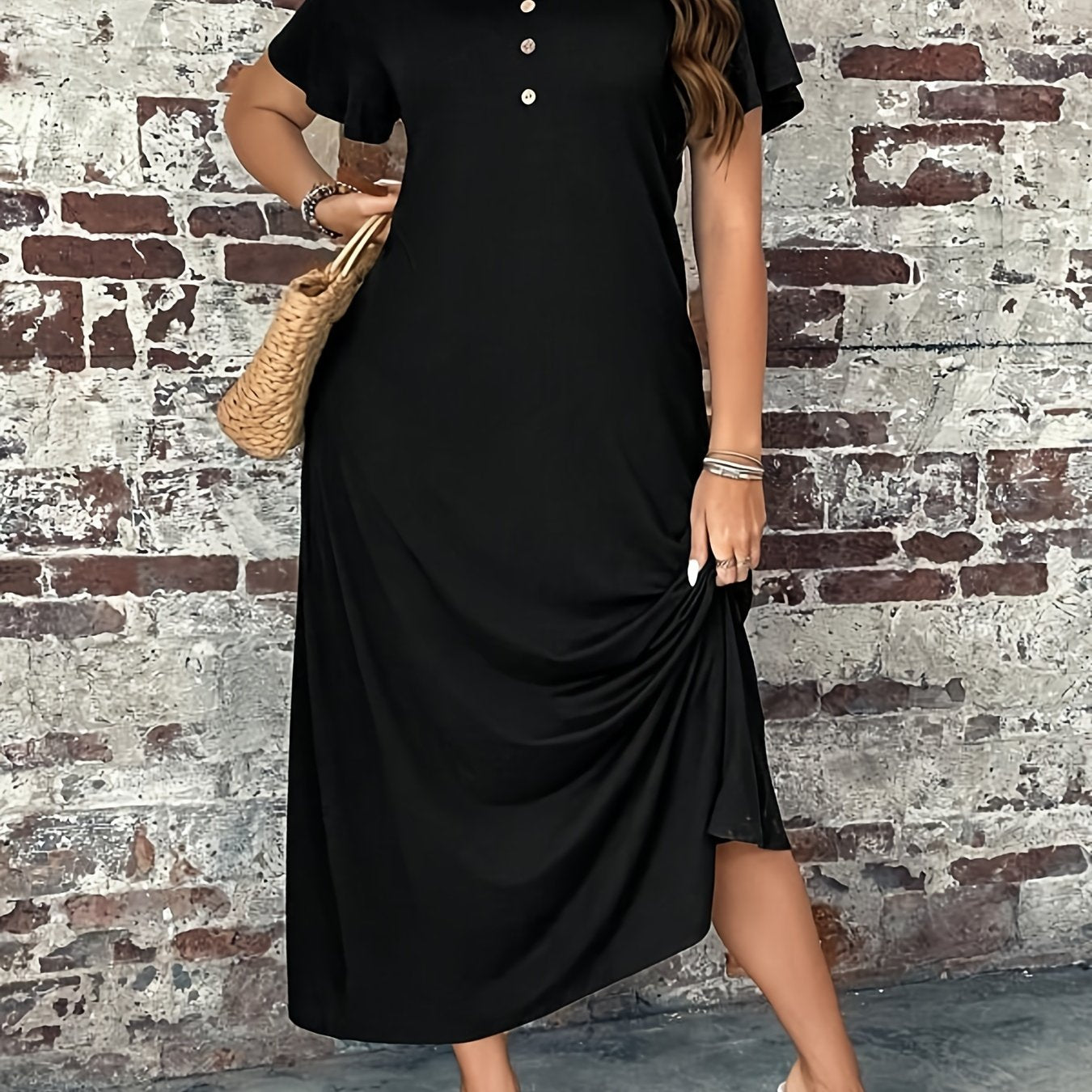 V-Neck Maxi Dress with Button Detail