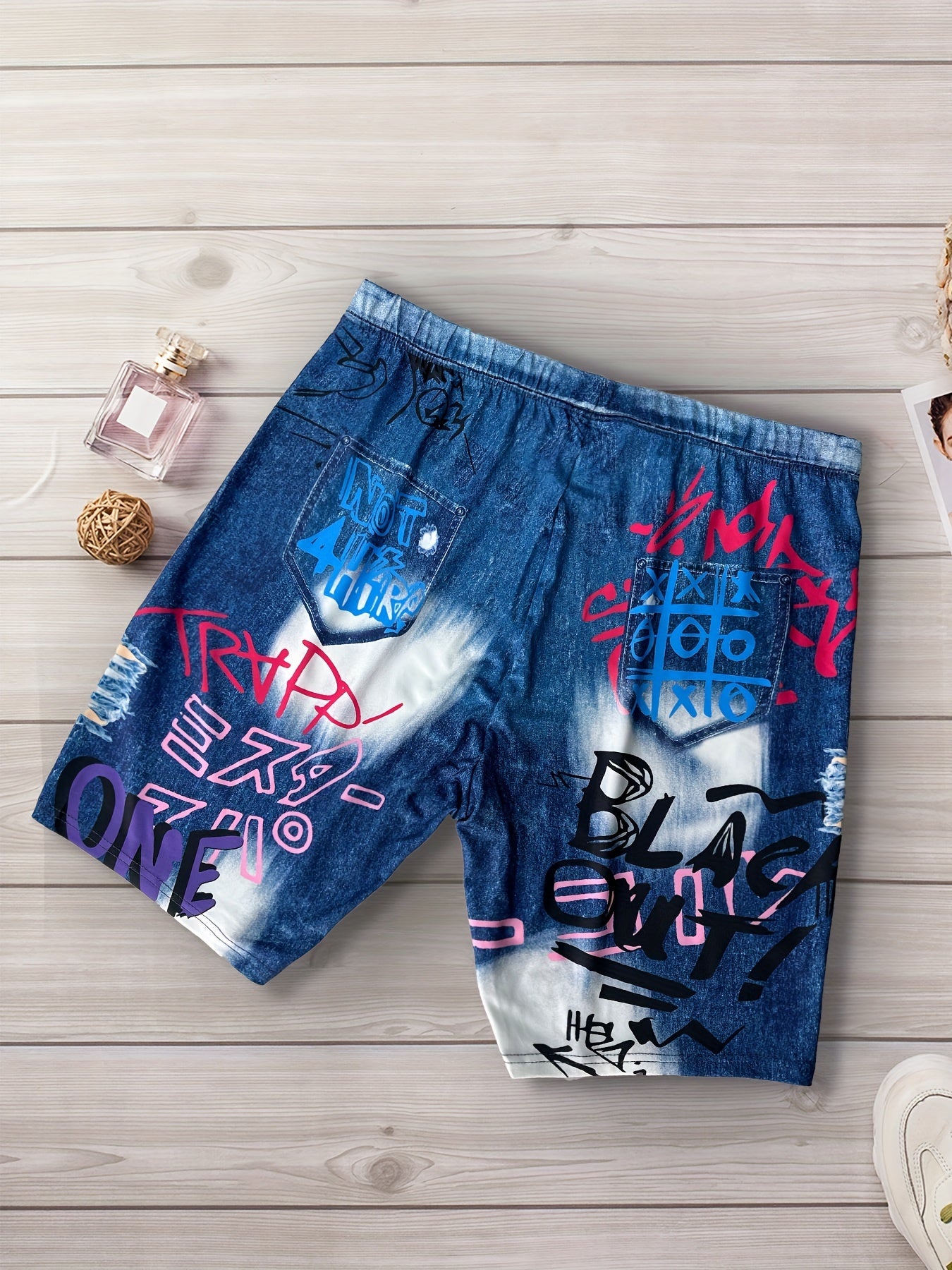 Plus Denim & Letter Print High Rise Skinny Shorts