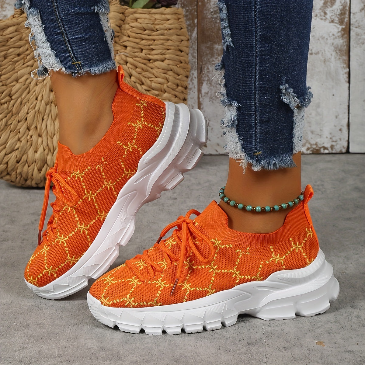 Women's Geometric Pattern Lace Up Sneakers Breathable Knit Chunky Shoes