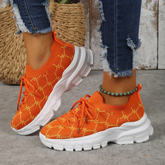 Women's Geometric Pattern Lace Up Sneakers Breathable Knit Chunky Shoes