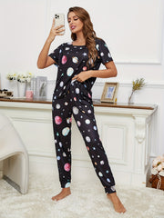 Planet Print Pajama Set Short Sleeve Top & Long Pants Women's Loungewear