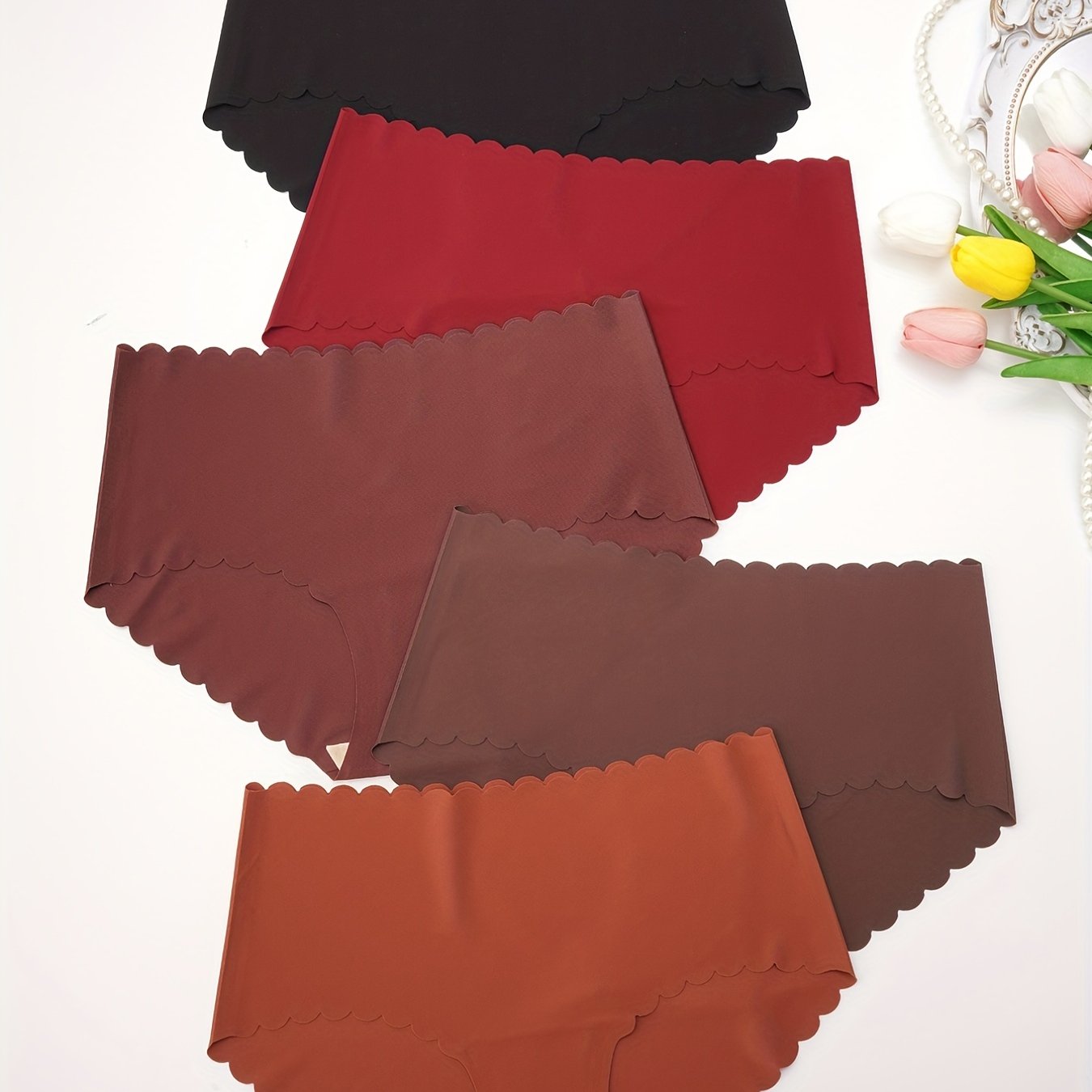 5pcs Seamless Solid Briefs Scallop Trim Intimates Panties Women's Lingerie