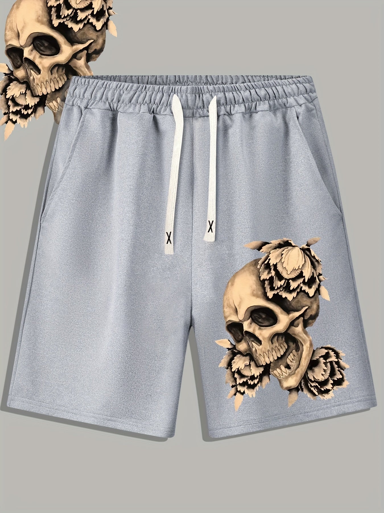 Skull & Flower Print Men's Casual Drawstring Shorts