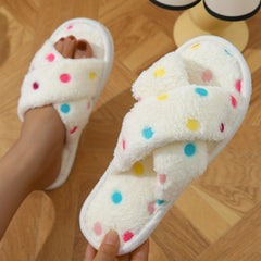 Polka Dots Pattern Slippers Casual Cross Strap Plush Slip On Furry Slippers