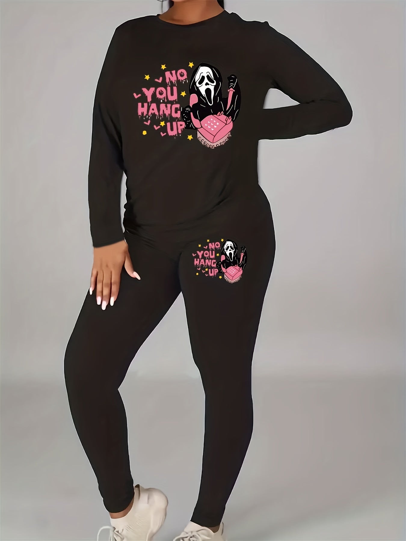 Halloween 2 Piece Set Slogan & Skull Print Long Sleeve