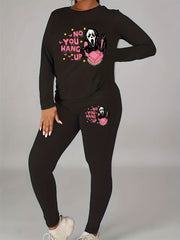 Halloween 2 Piece Set Slogan & Skull Print Long Sleeve