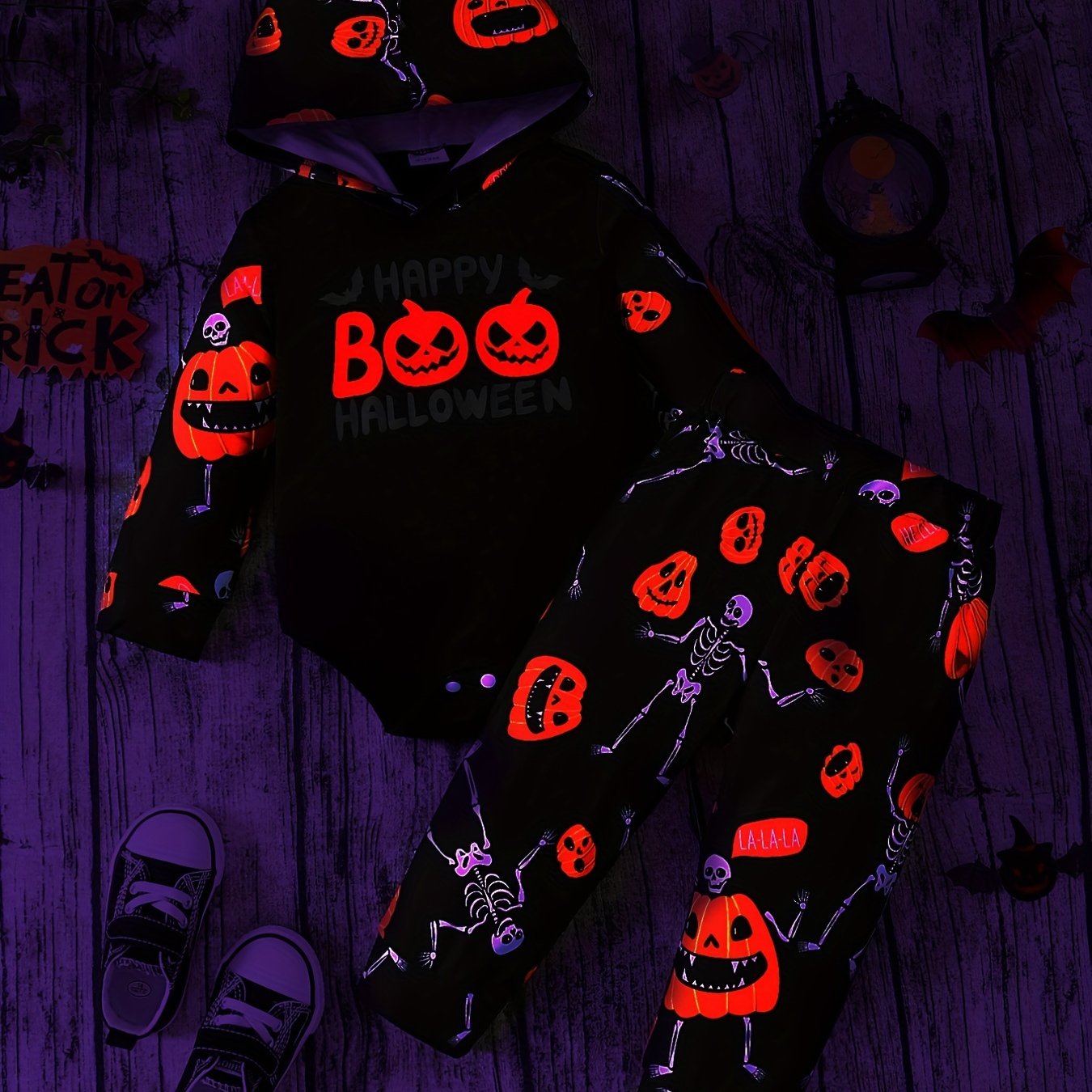 Halloween Luminous Pumpkin & Letter Print Hooded Romper Baby Set