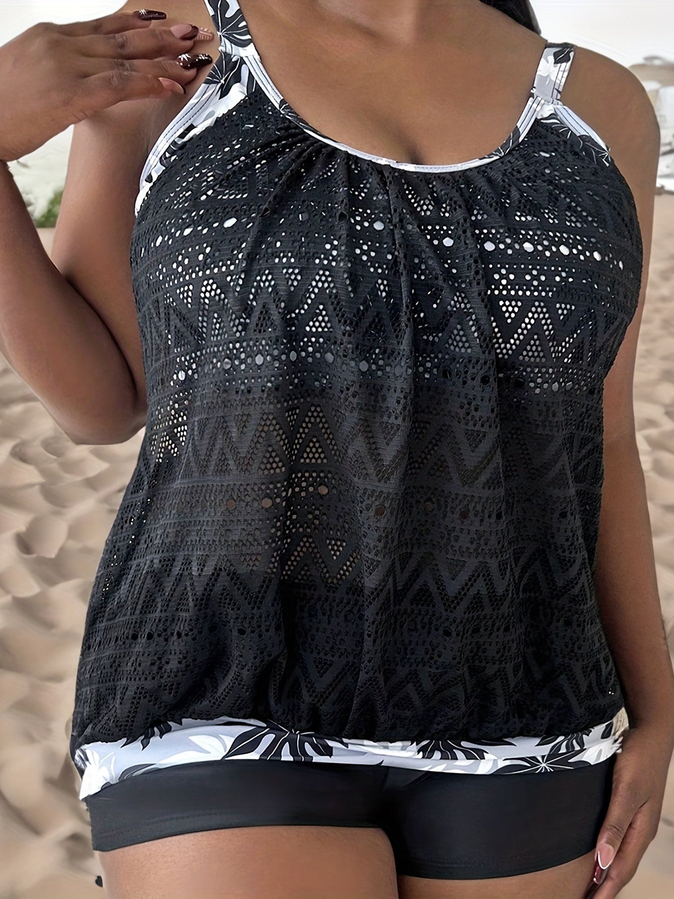 Colorblock Leaf Print Tankini Set