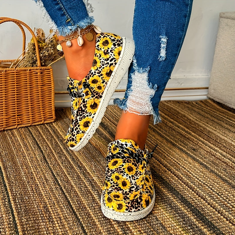 Leopard & Sunflower Print Canvas Lace-up Low Top Shoes Lightweight Outdoor