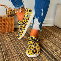 Leopard & Sunflower Print Canvas Lace-up Low Top Shoes Lightweight Outdoor