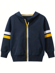 Boys Striped Graphic Varsity Cardigan Hooded Jacket