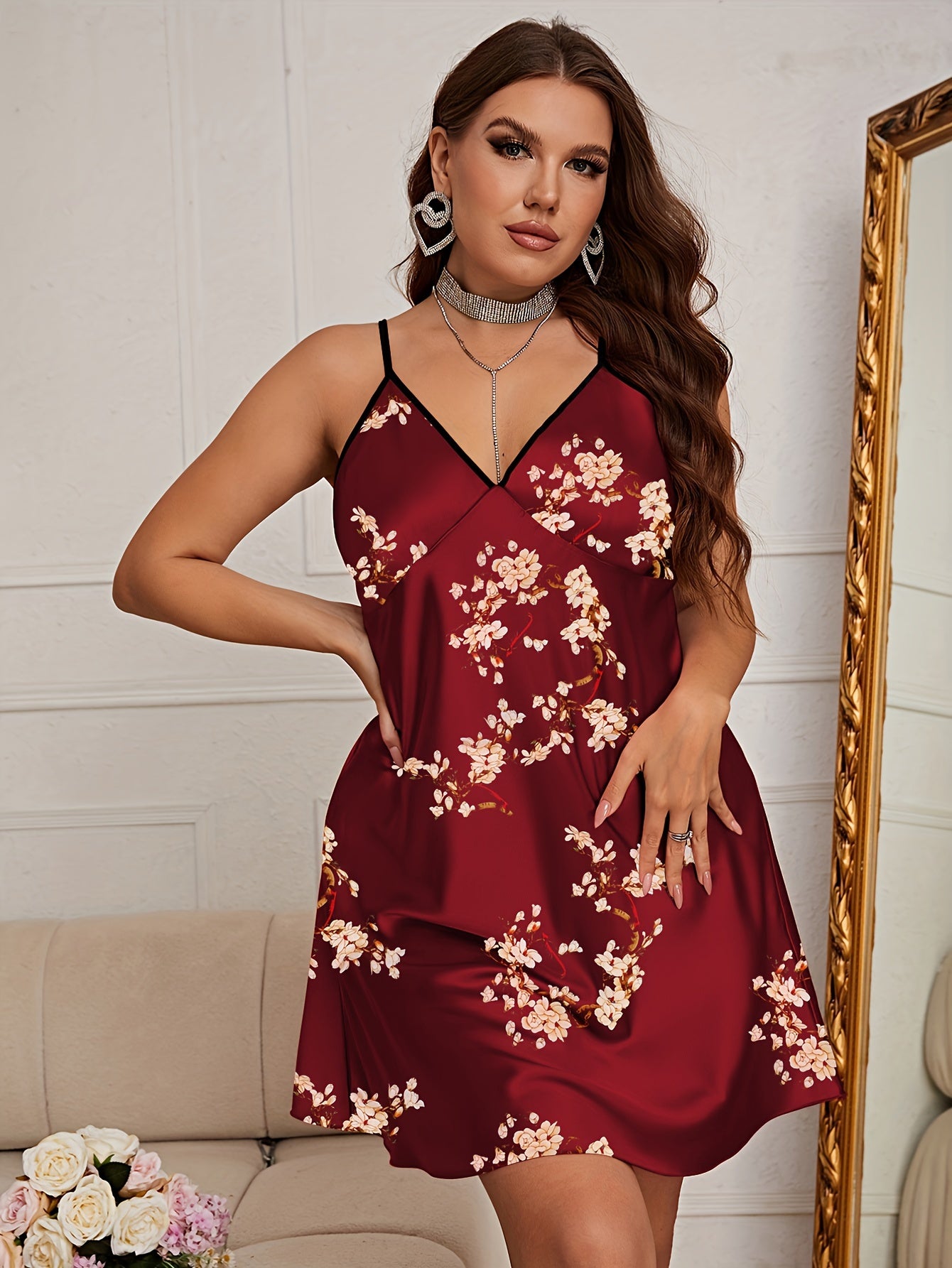 Floral Print V Neck Plus Size Nightdress Smoothing Sleep Dress